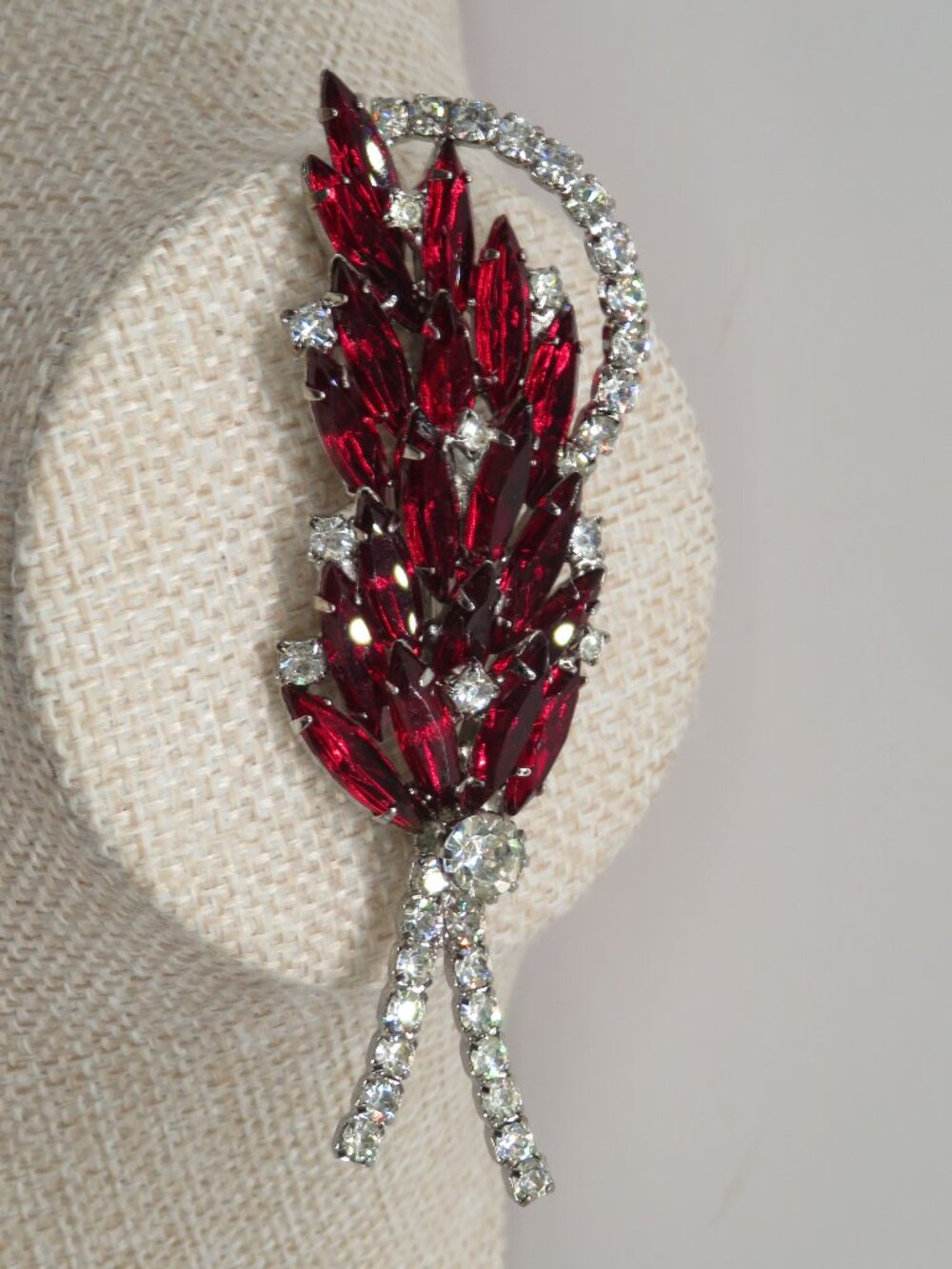 Vintage Red and Clear Rhinestone Leaf Spray Brooch